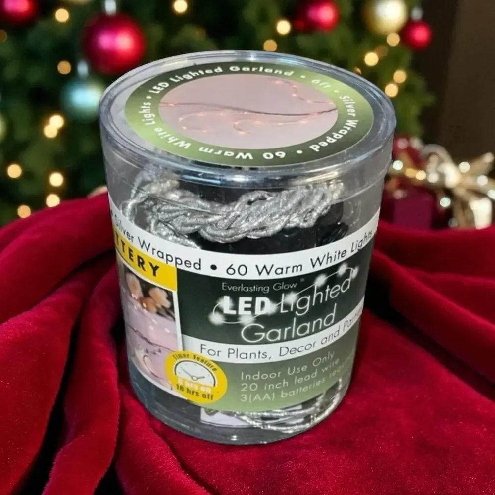 Everlasting Glow LED Garland 60 Lght Twinkle Warm White Gerson Plant Decor Timer